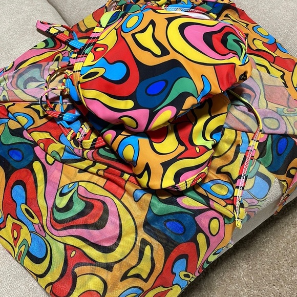 NWT (XXXL/3X) geometric colorful string bikini high leg with matching gauze wrap - Picture 10 of 12